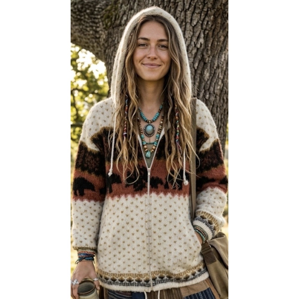 Vtg Earth Ragz Wool Southwest Hooded Jacket‎ Medium Forest